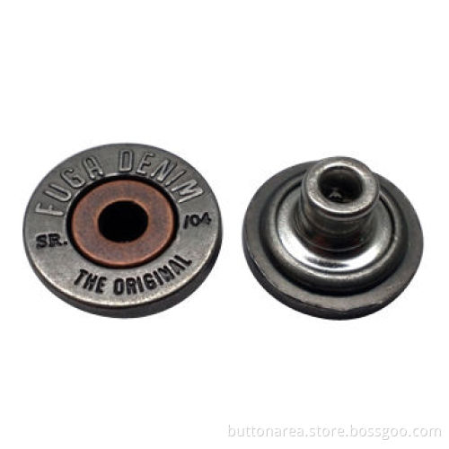 Alloy jeans button with single pin, two parts assembled